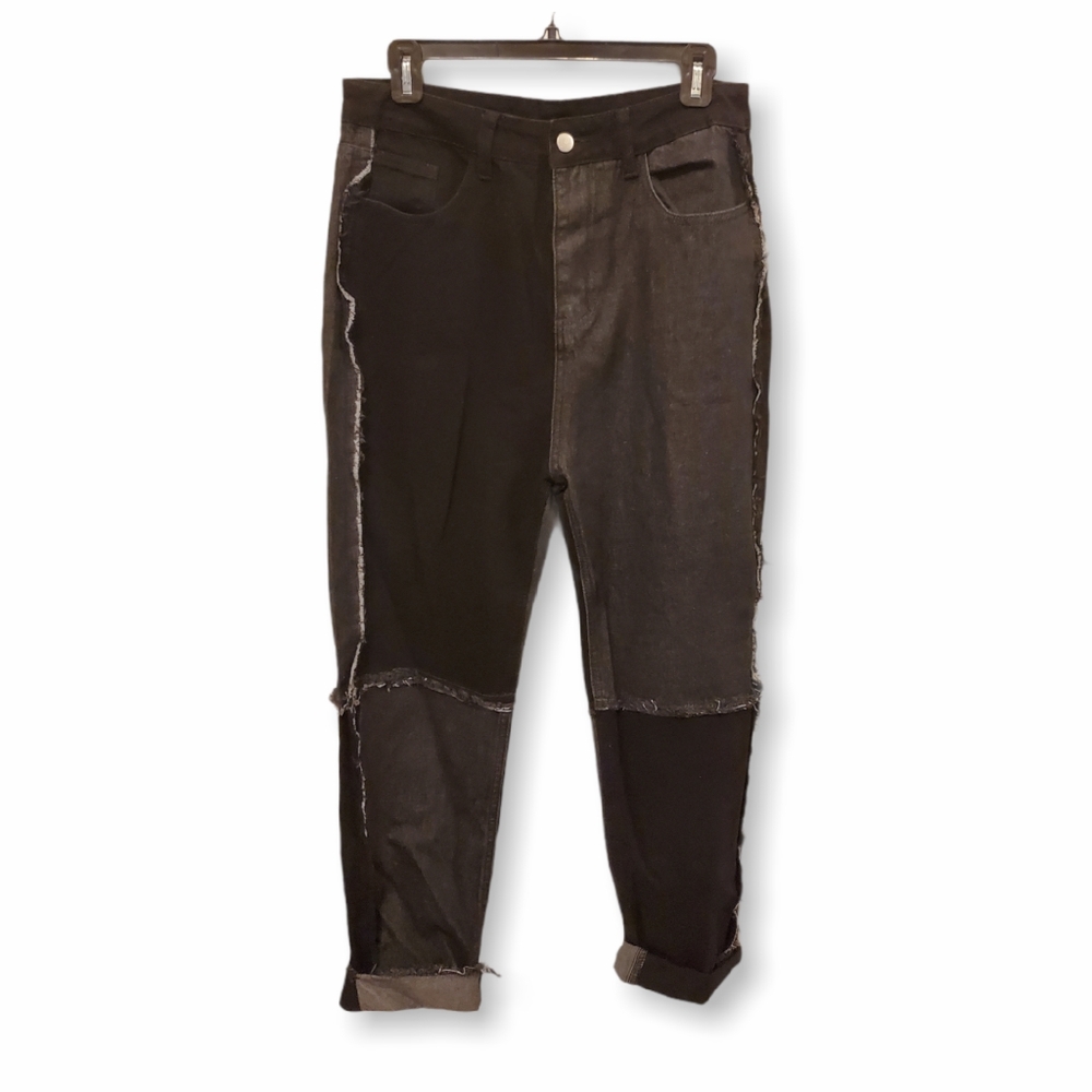 ROMWE/SHEIN Black and Gray Panel Patchwork Jeans